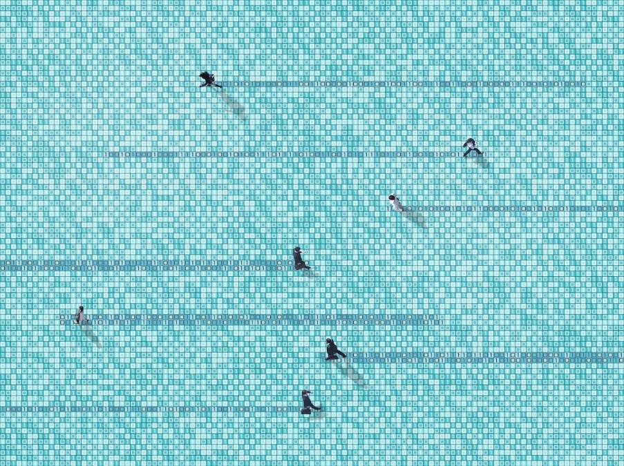 Businessmen walking in cyber space made of binary number